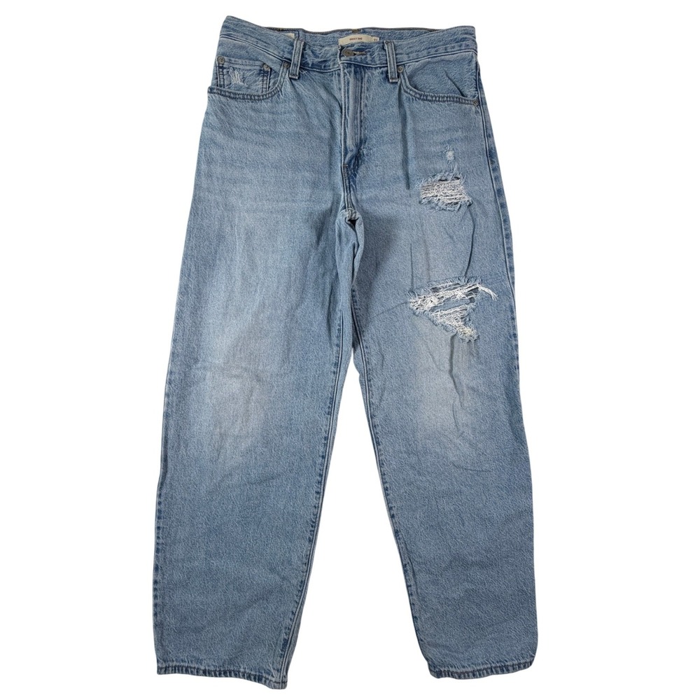 Levis Premium Baggy Dad BIG E Jeans Light Wash Blue Distressed Womens 27 W31 L30